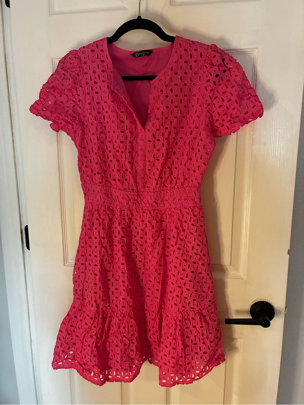 V‑Neck Eyelet Mini Dress in Hot Pink
